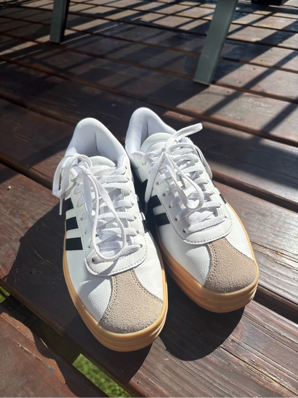 adidas White Sneakers with Black Stripes and Tan Toe - Sz 5 kids (Sz 7 Women’s)